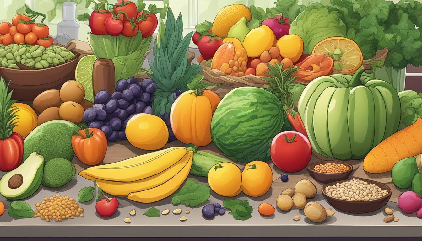 A colorful array of fresh fruits, vegetables, grains, and legumes arranged on a table, with a variety of cooking utensils and kitchen appliances in the background