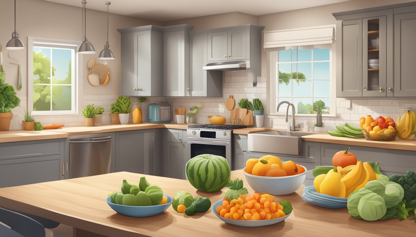 A kitchen counter with colorful fruits, vegetables, and whole grains. A meal plan calendar on the wall. A person exercising in the background