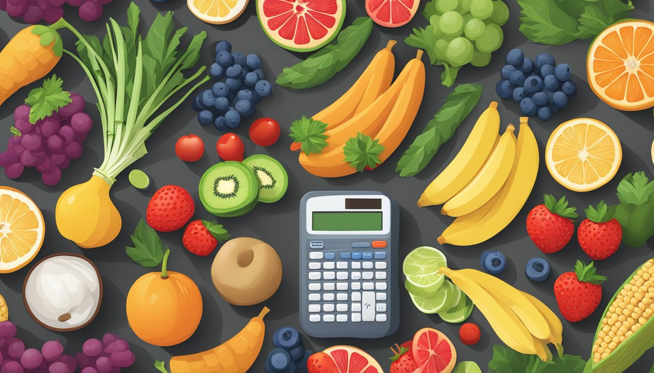 A colorful array of fresh fruits, vegetables, whole grains, and lean proteins arranged on a table, with a measuring tape and a calculator nearby