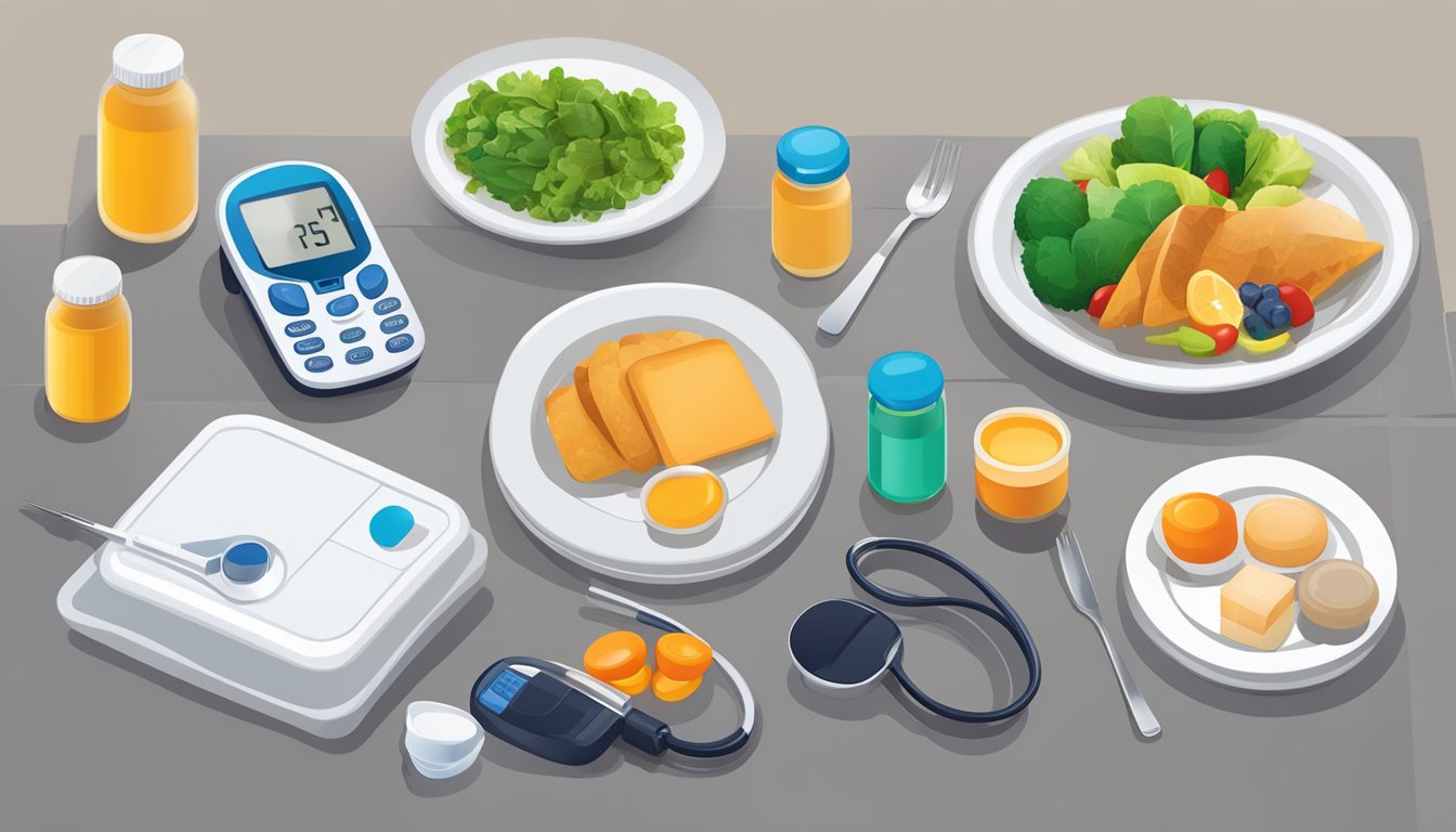 A table set with a balanced meal, a pill bottle, and a blood glucose monitor