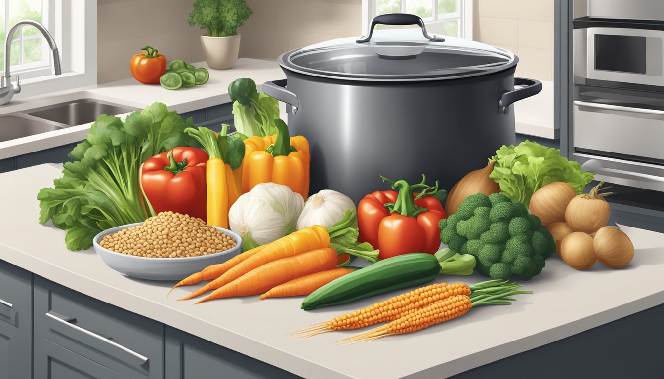 A colorful array of fresh vegetables, lean proteins, and whole grains arranged around a large cooking pot on a clean, organized kitchen counter