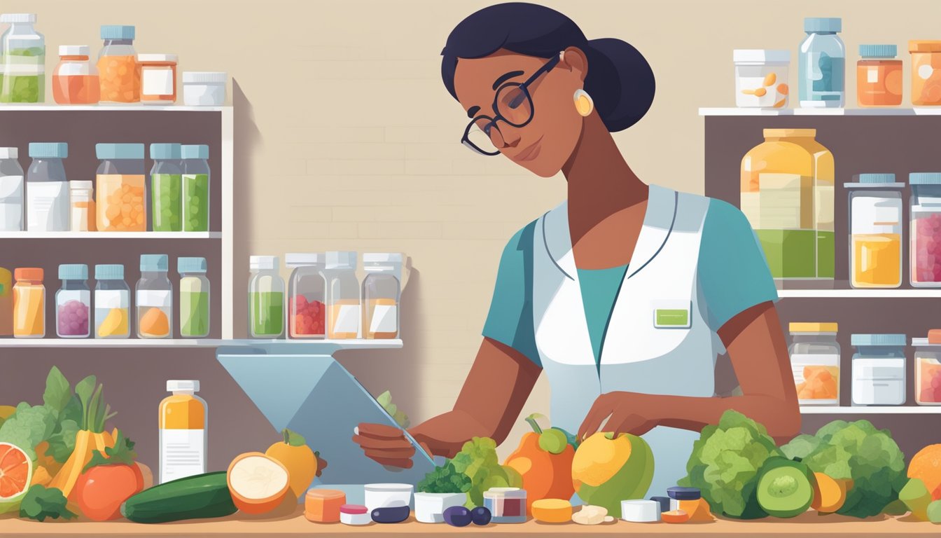 A pharmacist carefully measuring out medication and a nutritionist adjusting meal plans on a table filled with various fruits, vegetables, and medication bottles