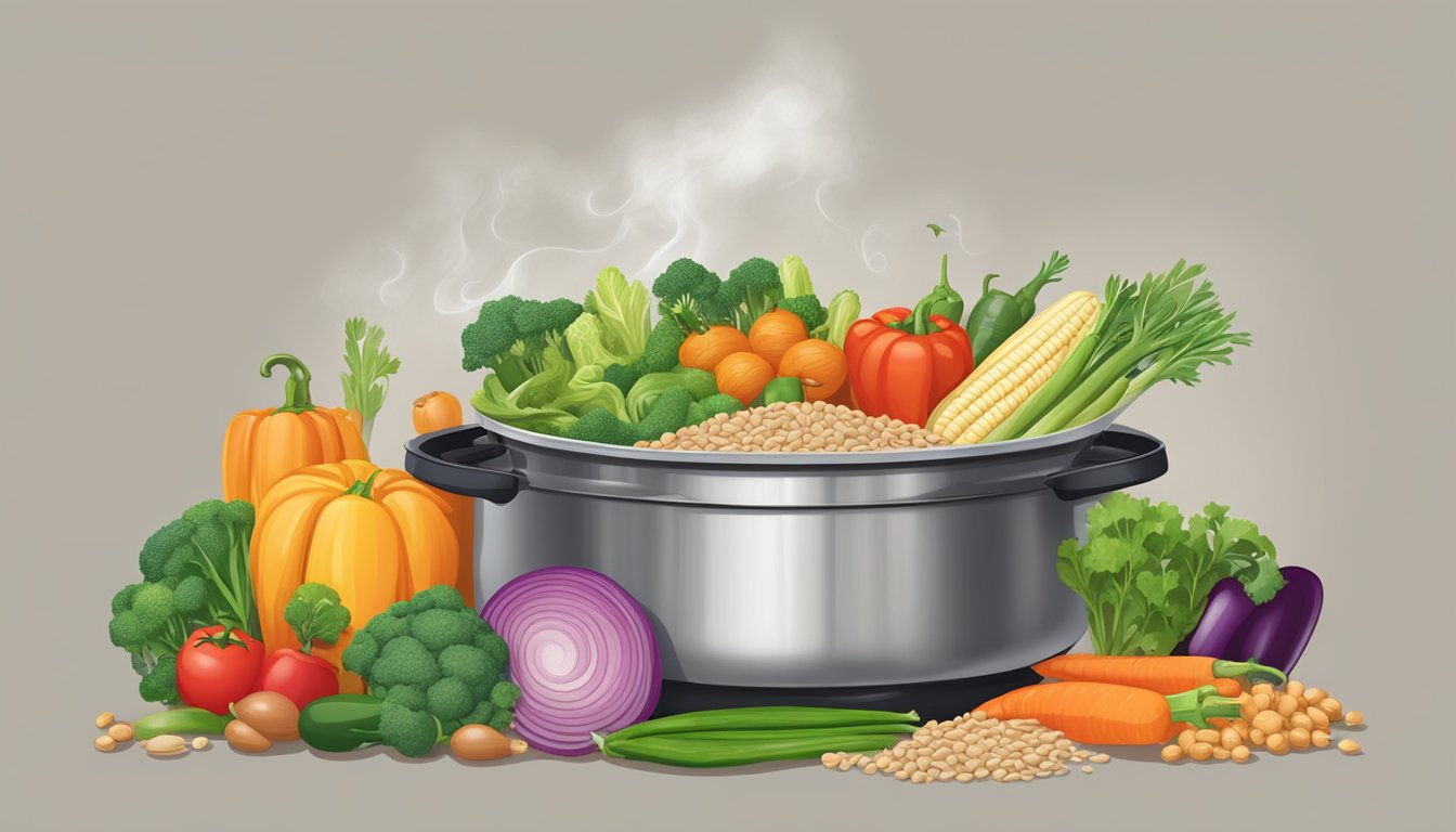 A colorful array of fresh vegetables, lean proteins, and whole grains arranged around a large, simmering pot on a stovetop