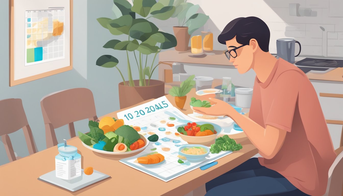 A person with diabetes prepares a balanced meal while adjusting their medication. A calendar with goals and achievements is displayed in the background