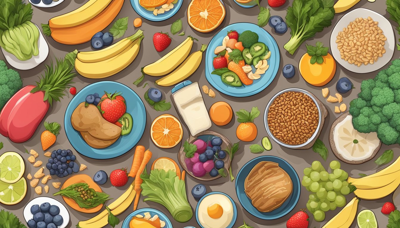 A colorful plate with a balanced meal of fruits, vegetables, whole grains, and lean protein, surrounded by happy and playful food characters