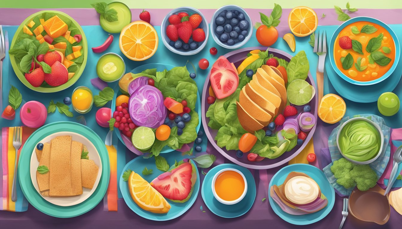 A colorful and vibrant table setting with a variety of healthy and delicious foods arranged in a playful and inviting manner