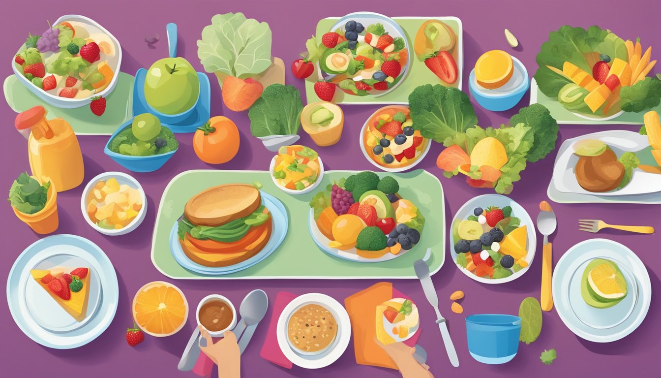 A colorful mealtime scene with a variety of healthy foods arranged in a playful and engaging manner, with child-friendly portion sizes and fun presentation