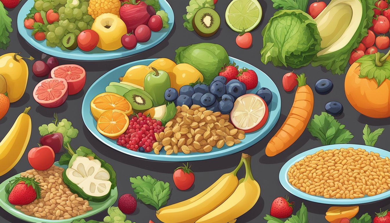 A colorful plate with an array of fruits, vegetables, and whole grains, surrounded by happy, playful food characters