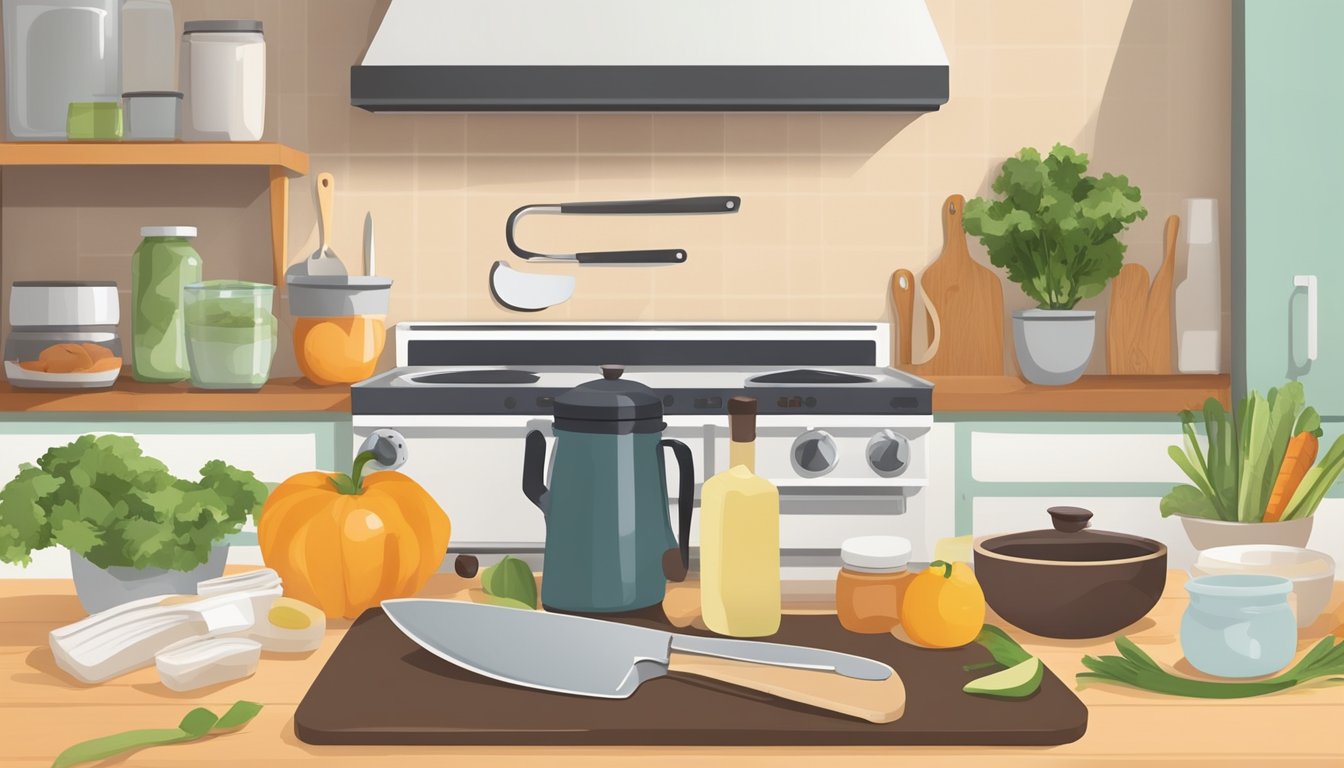 A small kitchen with limited equipment, featuring a cutting board, knife, pot, and a few basic ingredients for preparing a diabetic-friendly meal plan