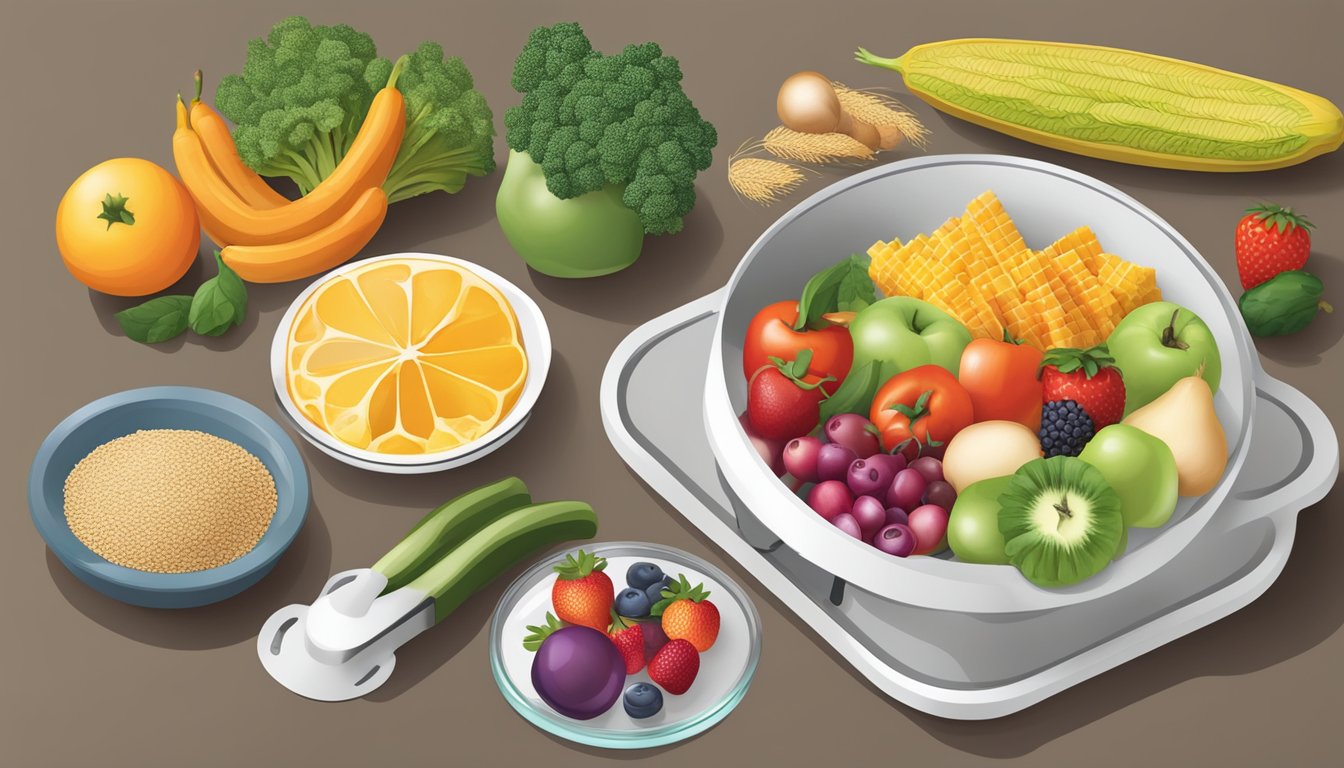 A table set with a colorful array of fruits, vegetables, lean proteins, and whole grains. A measuring cup and food scale sit nearby