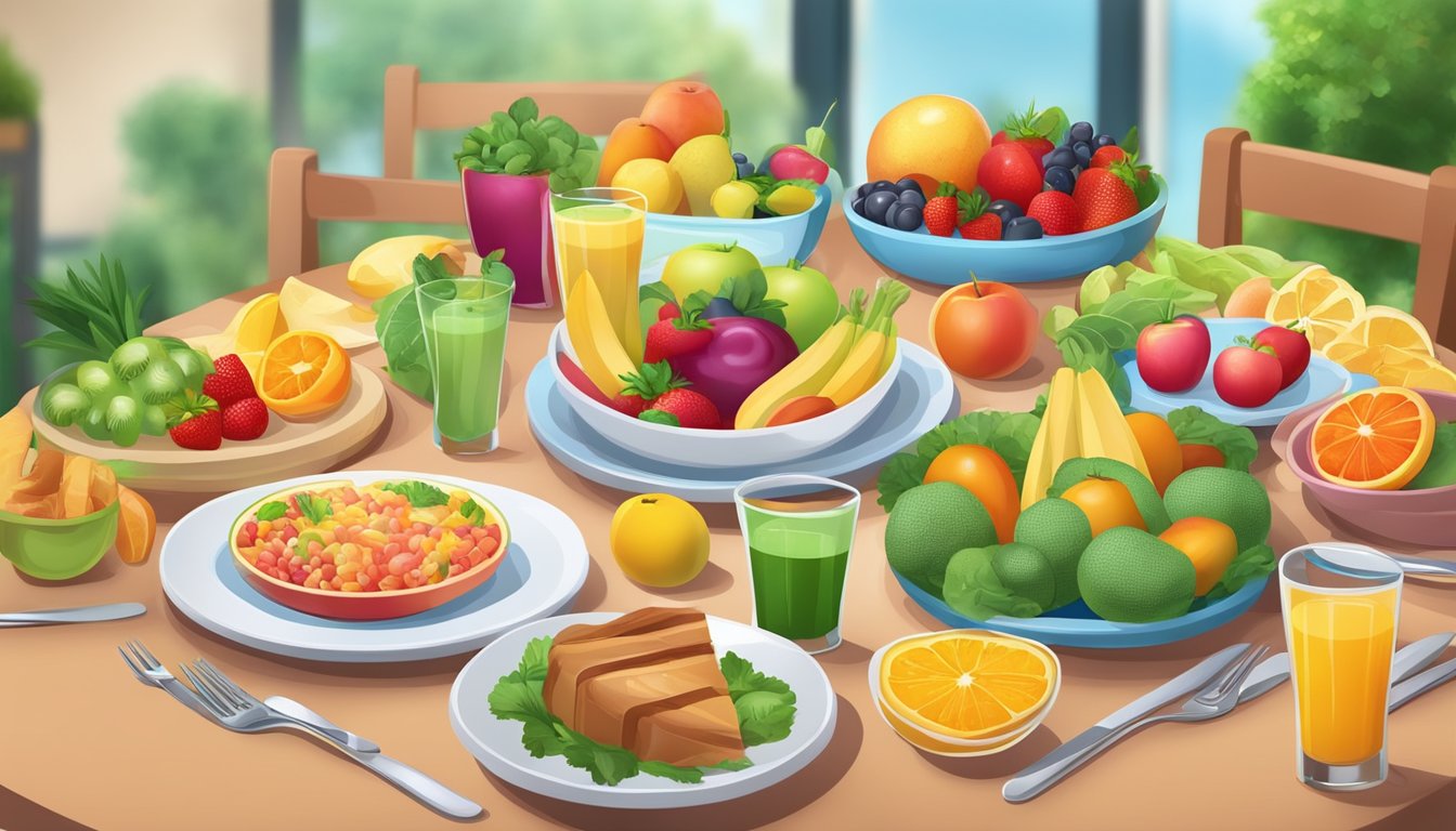 A colorful restaurant table set with a variety of healthy, child-friendly diabetic meal options, with vibrant fruits and vegetables as the centerpiece