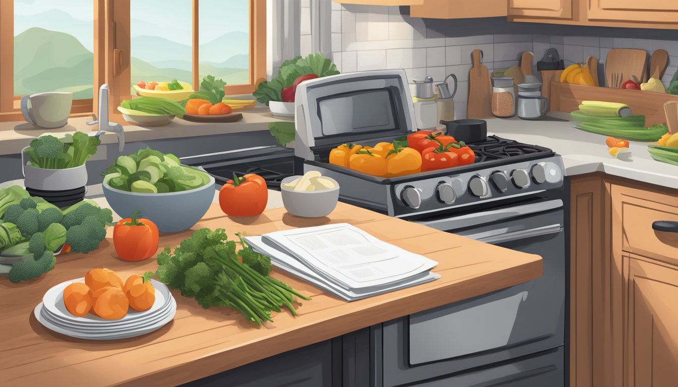 A small kitchen with limited equipment, featuring a stove, fridge, and a few basic utensils. A cutting board with fresh vegetables and a cookbook open to a diabetic meal plan