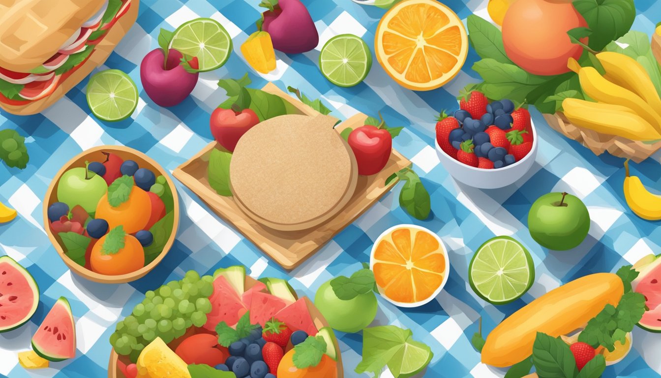 A colorful picnic blanket spread out with a variety of healthy foods and exercise equipment scattered around, creating a playful and inviting scene