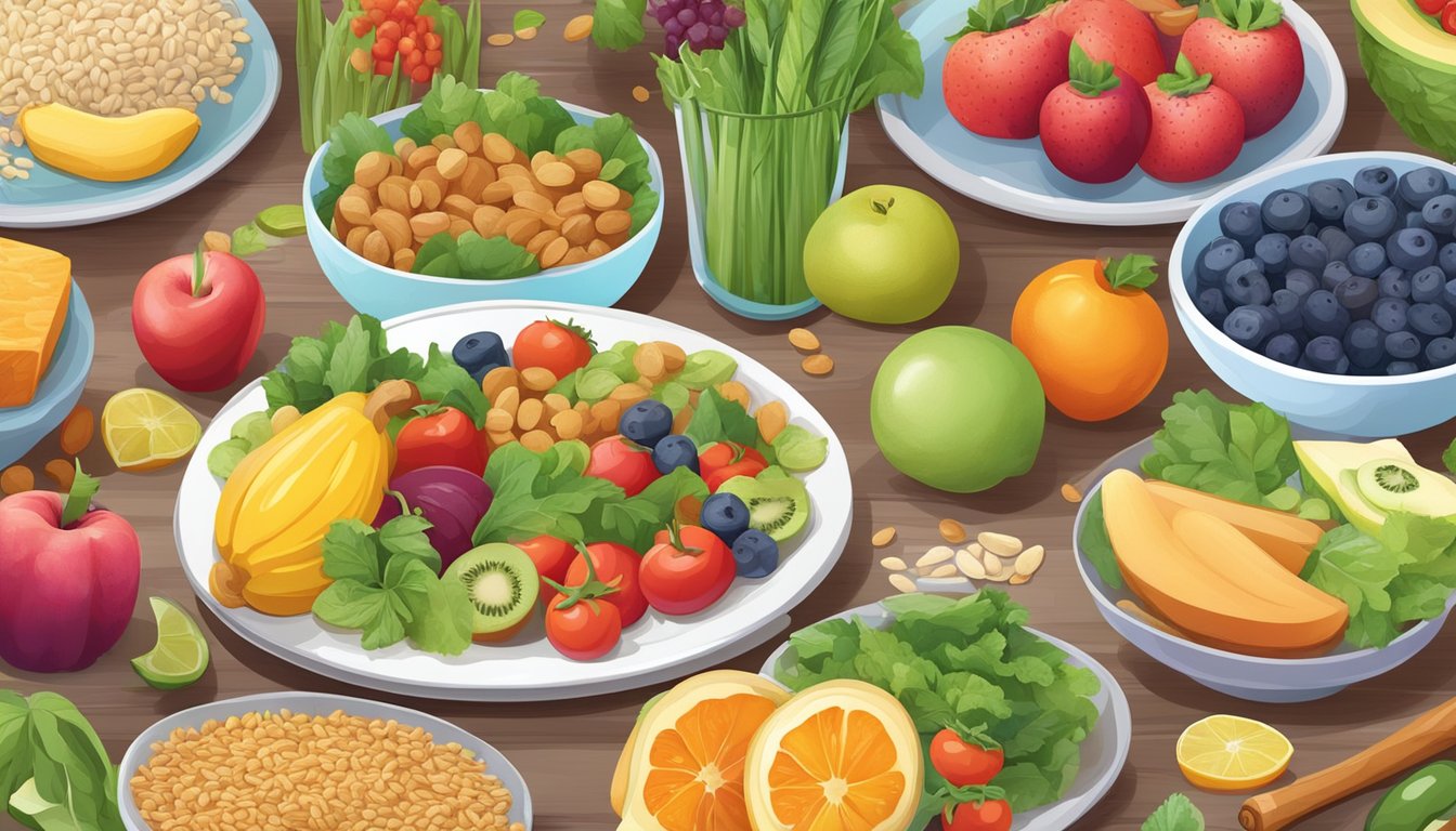 A colorful table set with a variety of healthy foods, including fruits, vegetables, and whole grains, arranged in a playful and inviting manner