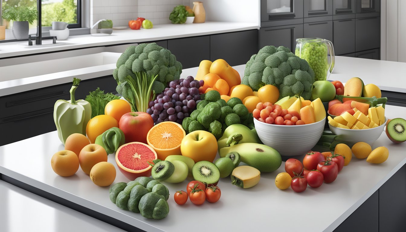 A colorful array of fresh fruits, vegetables, and lean proteins arranged on a clean, white kitchen counter