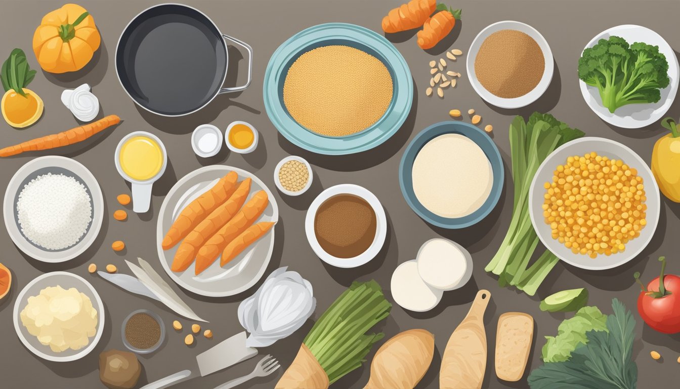 A small kitchen with basic cooking equipment. Ingredients for diabetic meal plans laid out on the counter, including fresh produce and whole grains