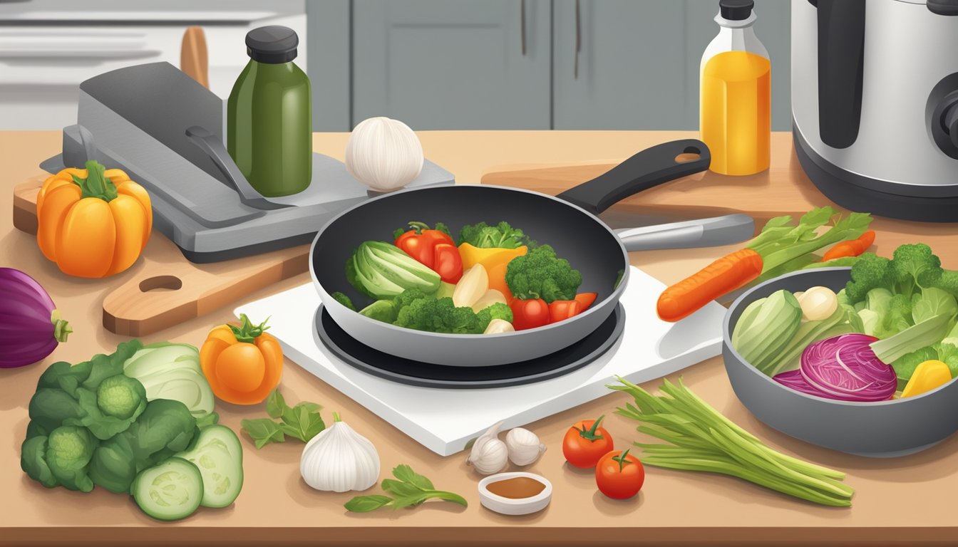 A small kitchen with a few basic cooking utensils, a hot plate, and a cutting board. A variety of fresh vegetables and lean proteins are laid out on the counter