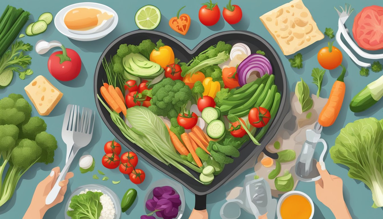 A person cooking a variety of colorful, fresh vegetables and lean proteins while following a heart-healthy diabetic meal plan