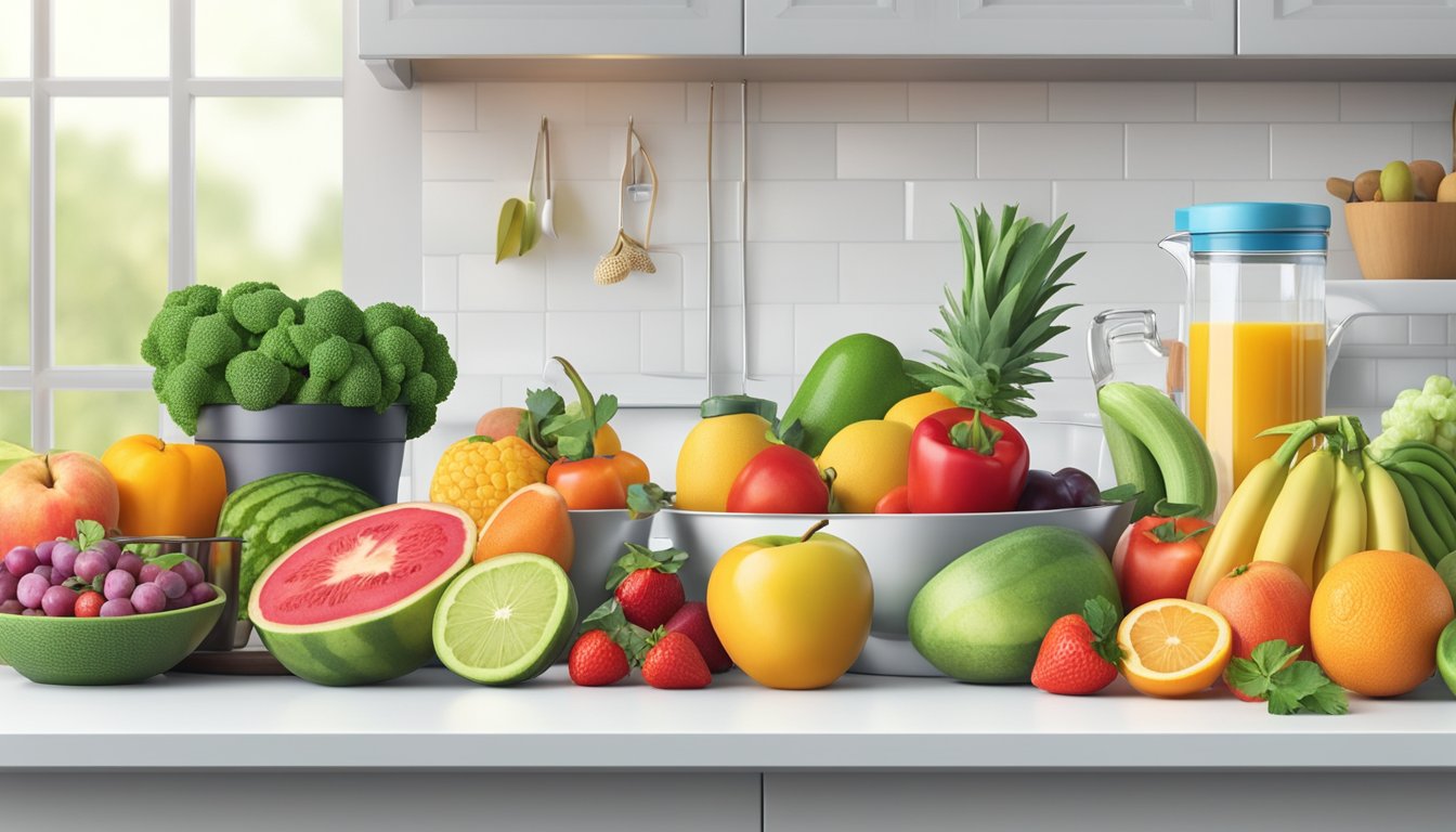 A colorful array of fresh fruits, vegetables, and lean proteins on a clean, white kitchen counter. A measuring scale and heart-healthy cookbooks are nearby