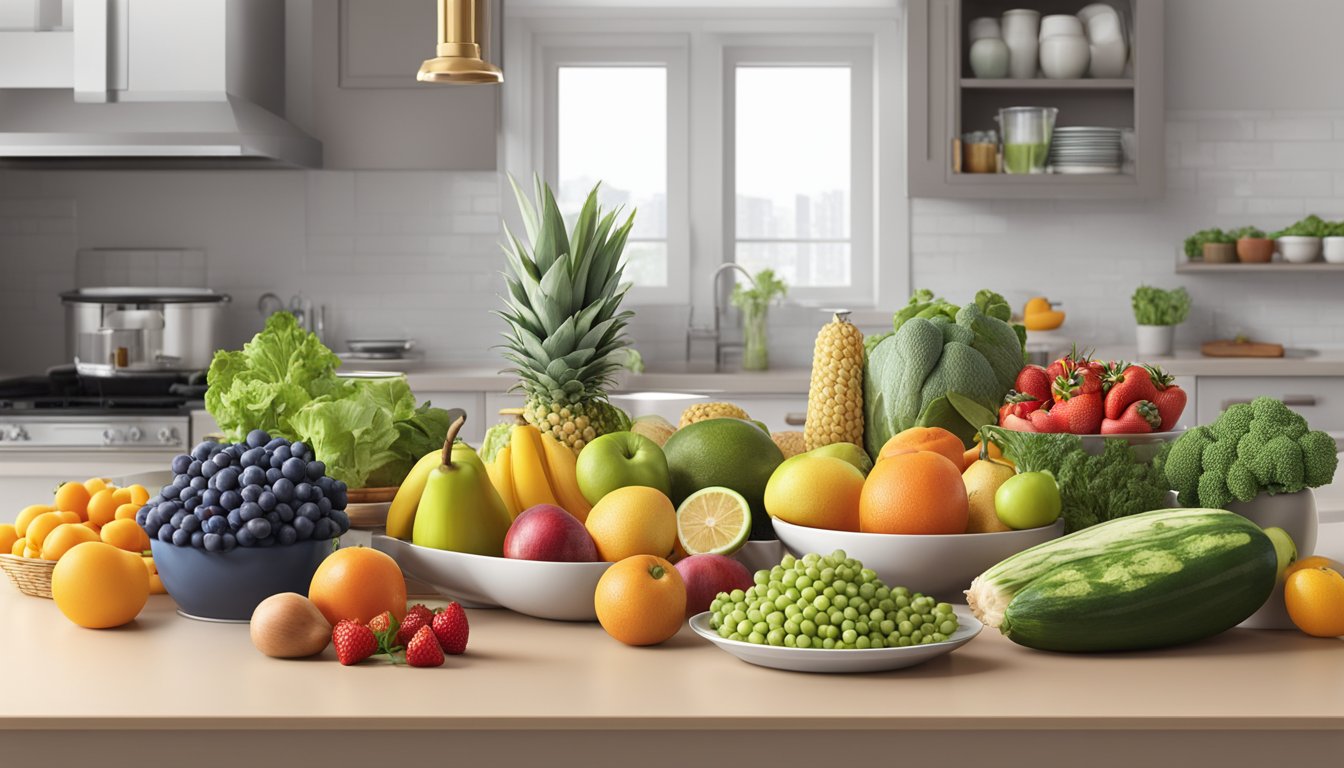 A colorful array of fruits, vegetables, whole grains, and lean proteins arranged on a clean, modern kitchen counter