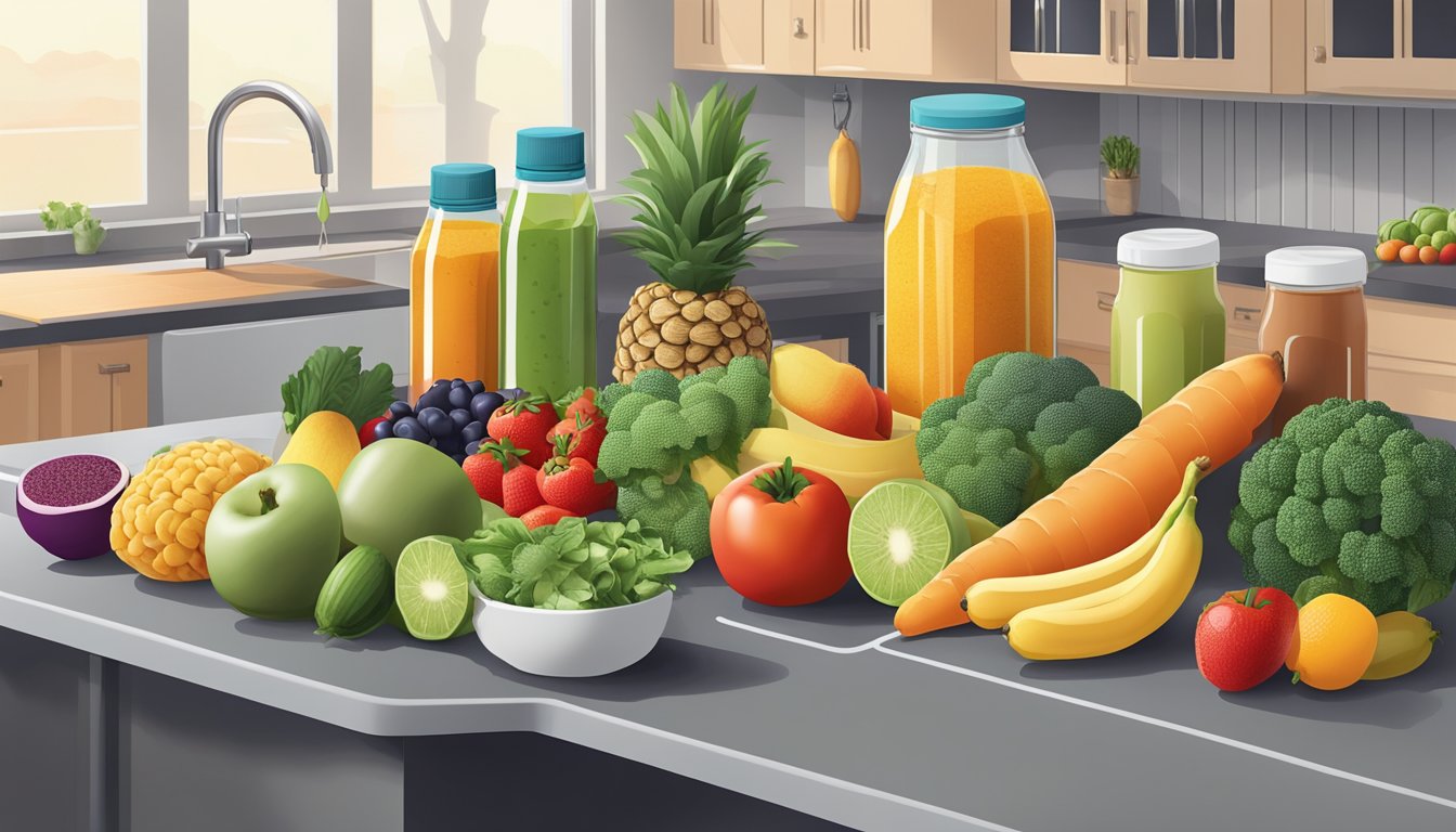 A bright, colorful kitchen counter filled with fresh fruits, vegetables, and whole grains. A meal plan laid out with balanced portions and energy-boosting foods for diabetics with fatigue