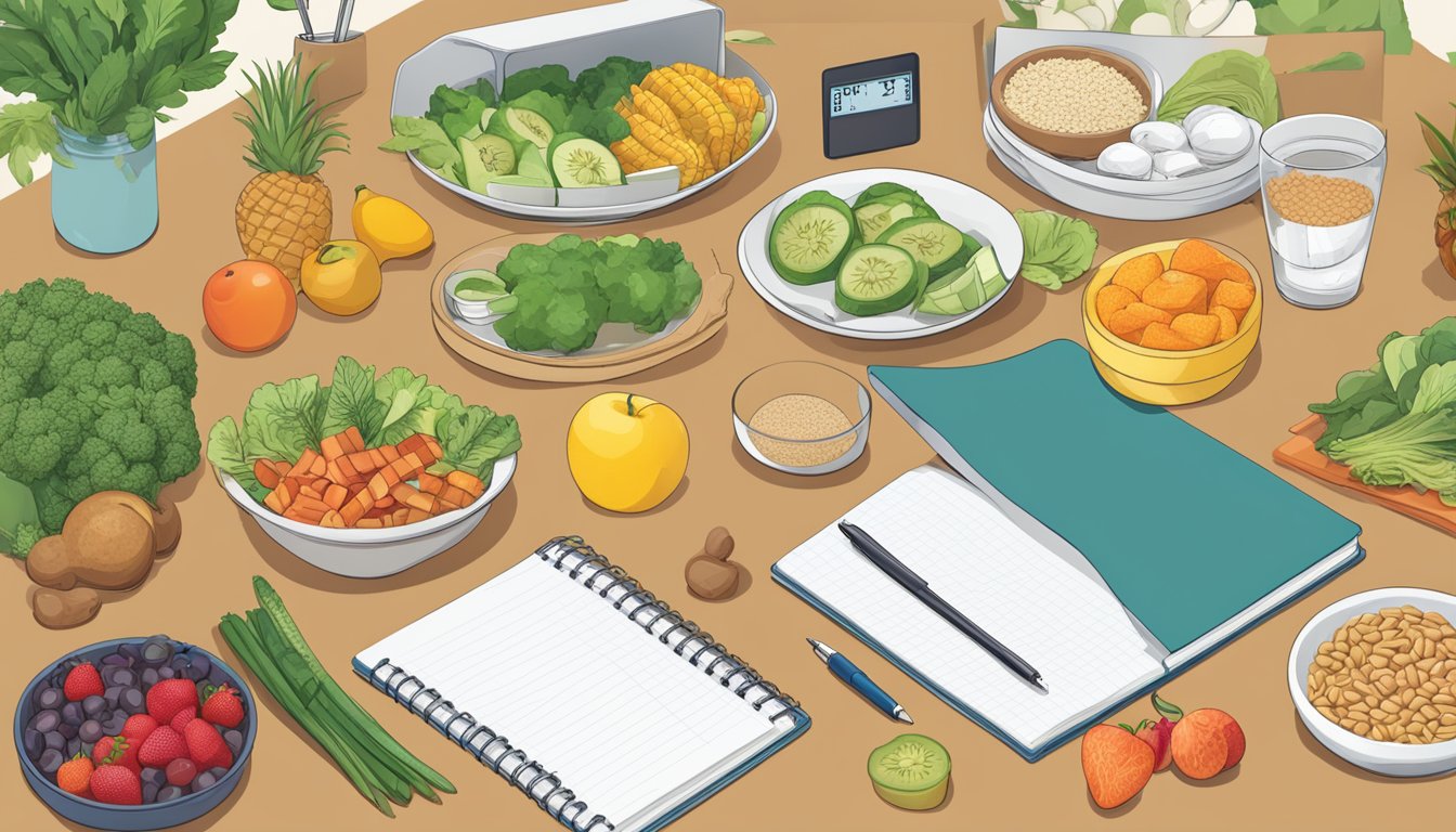 A table with a variety of healthy food options, including fruits, vegetables, lean proteins, and whole grains. A notebook with meal plans and a blood sugar monitor are also present