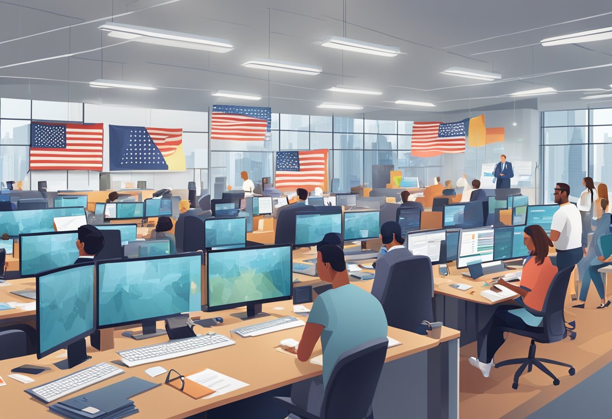 A bustling political campaign headquarters with staff managing data, engaging with voters, and analyzing information on a top-of-the-line CRM software