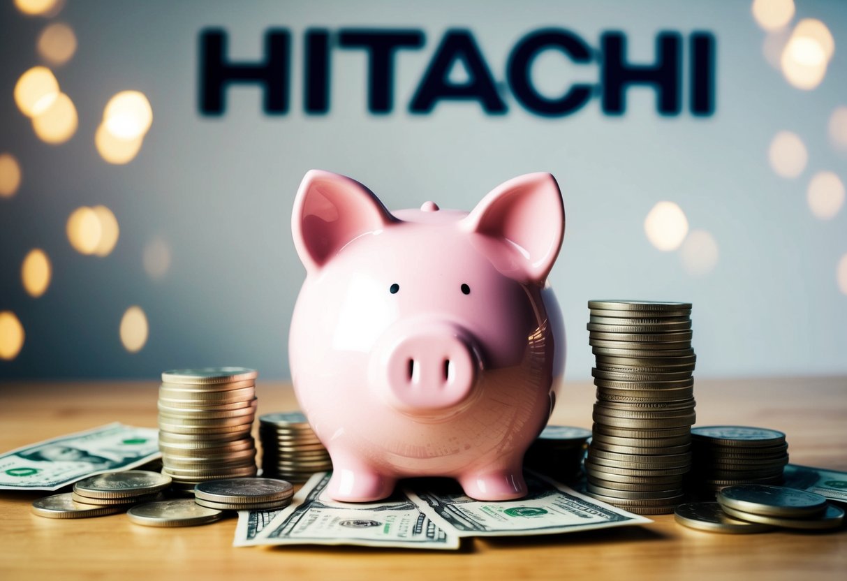 A piggy bank surrounded by stacks of coins and dollar bills, with a Hitachi logo in the background