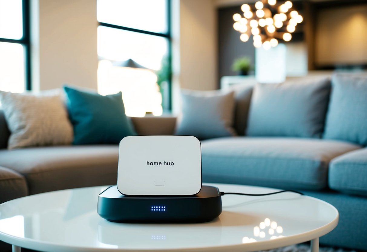 A cozy living room with a Home Hub device prominently displayed on a clean, modern coffee table. Soft lighting and comfortable furniture create a welcoming atmosphere