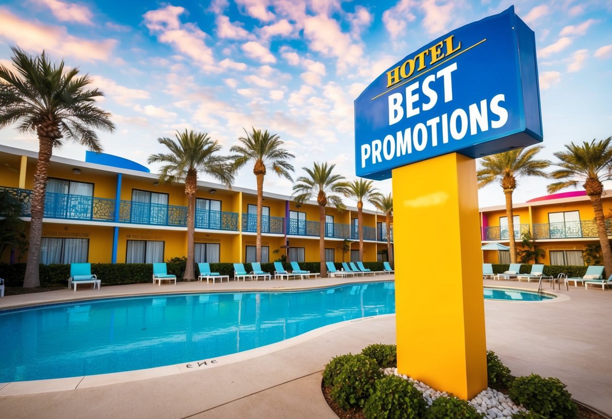 A colorful hotel with a prominent "Best Promotions" sign, surrounded by palm trees and a sparkling pool
