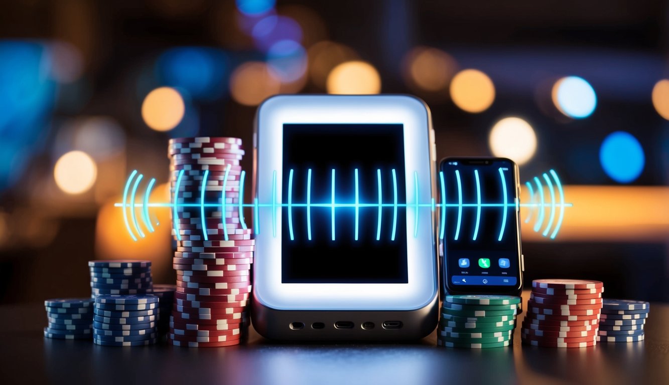 Sebuah perangkat digital dengan layar yang bercahaya, dikelilingi oleh tumpukan chip poker dan ponsel dengan sinyal yang berdenyut.