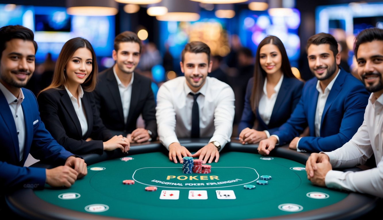 Sebuah meja poker digital dengan kartu dan chip virtual, dikelilingi oleh pemain yang percaya diri di lingkungan online yang terpercaya