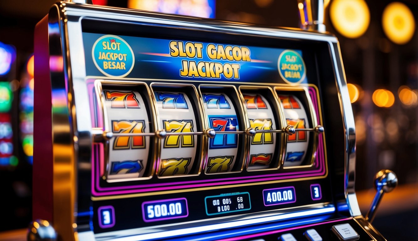 Mesin slot berwarna-warni dengan lampu berkedip dan gulungan berputar, menampilkan kata-kata "Slot Gacor Jackpot Besar" dengan hadiah jackpot besar