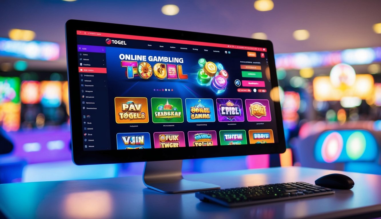 Sebuah layar komputer yang menampilkan situs web perjudian Togel online yang berwarna-warni dan hidup, dengan berbagai pilihan permainan dan antarmuka yang ramping serta modern