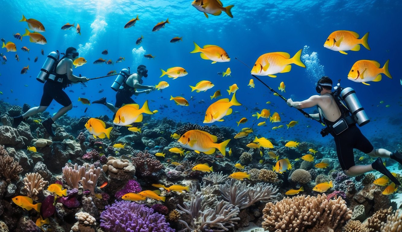 Pertempuran bawah laut yang kacau saat ikan berwarna-warni melesat dan menjalin jalur melalui terumbu karang yang cerah, dengan pemain yang membawa harpun mengejar.