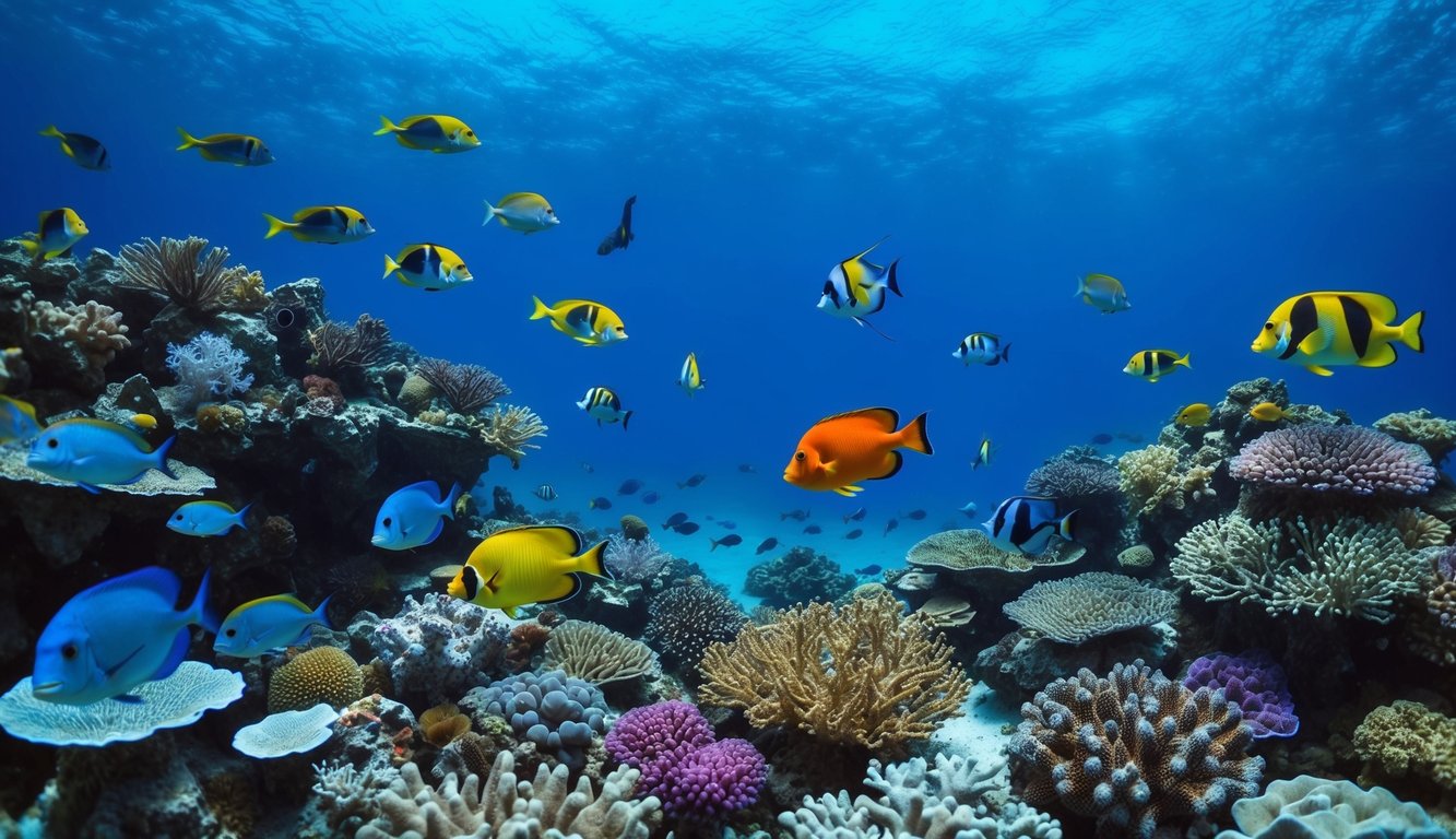 Sebuah dunia bawah laut yang tenang dengan terumbu karang berwarna-warni dan berbagai ikan eksotis yang berenang dengan cara yang tenang dan mempesona