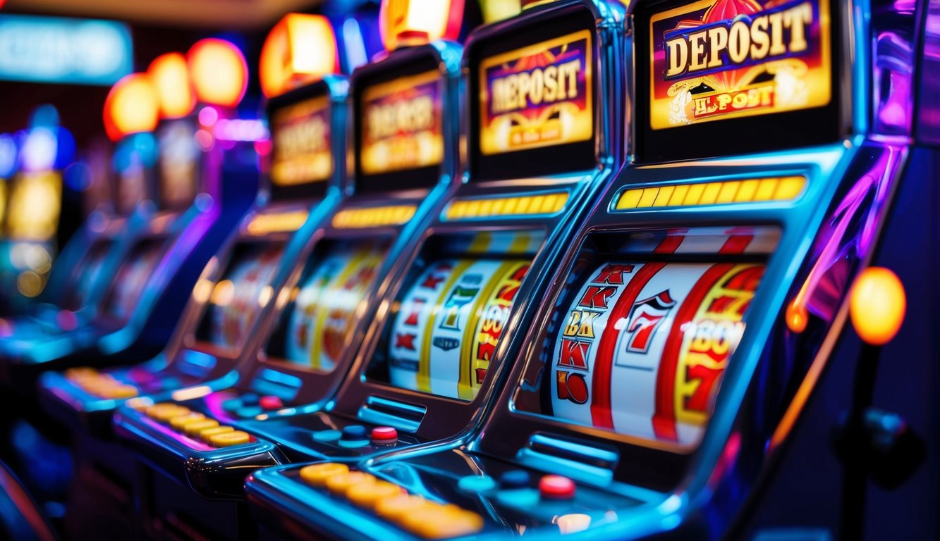 Sebuah mesin slot digital berwarna-warni dengan tombol deposit yang berdenyut