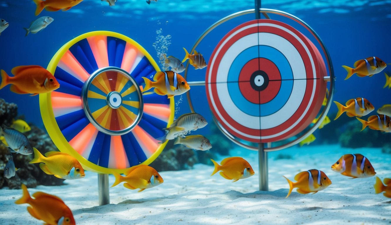 Sebuah pemandangan bawah air yang berwarna-warni dengan berbagai ikan yang berenang di sekitar target jackpot