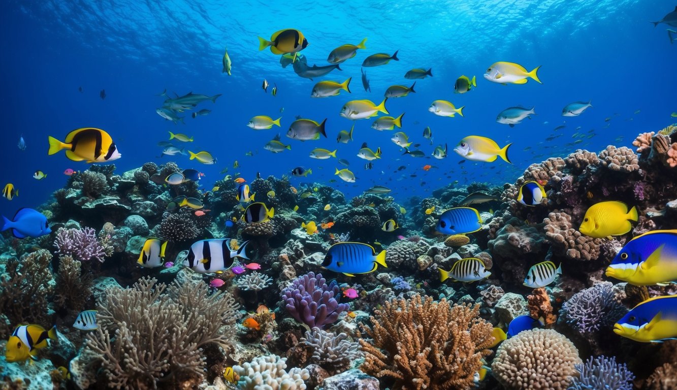 Dunia bawah laut yang ramai dengan ikan berwarna-warni, terumbu karang, dan berbagai makhluk laut