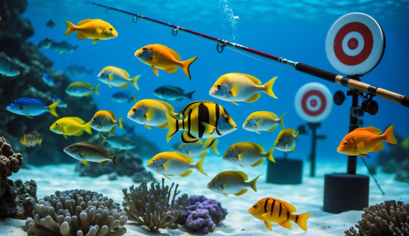 Sebuah dunia bawah laut yang berwarna-warni dengan berbagai jenis ikan yang berenang di sekitar, dengan pancing dan sasaran di latar belakang