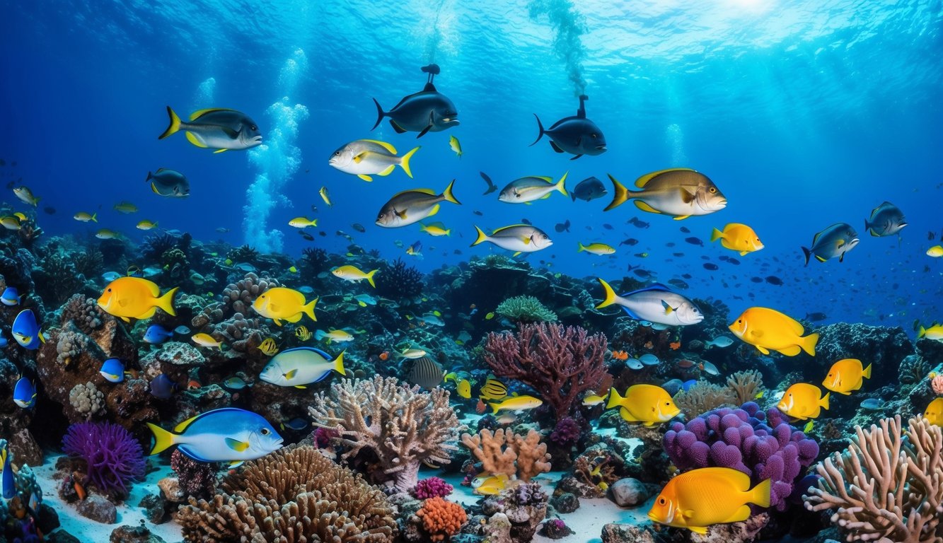 Sebuah dunia bawah laut yang ramai dengan terumbu karang berwarna-warni, ikan eksotis, dan berbagai makhluk laut yang berenang di sekitar lokasi permainan memancing yang cerah dan hidup