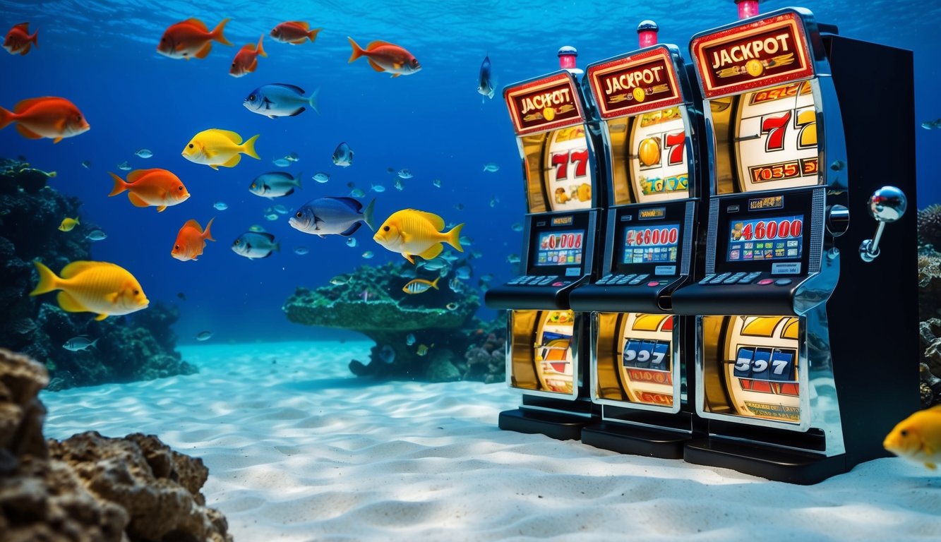 Sebuah dunia bawah laut yang ramai dengan ikan berwarna-warni dan mesin slot jackpot besar