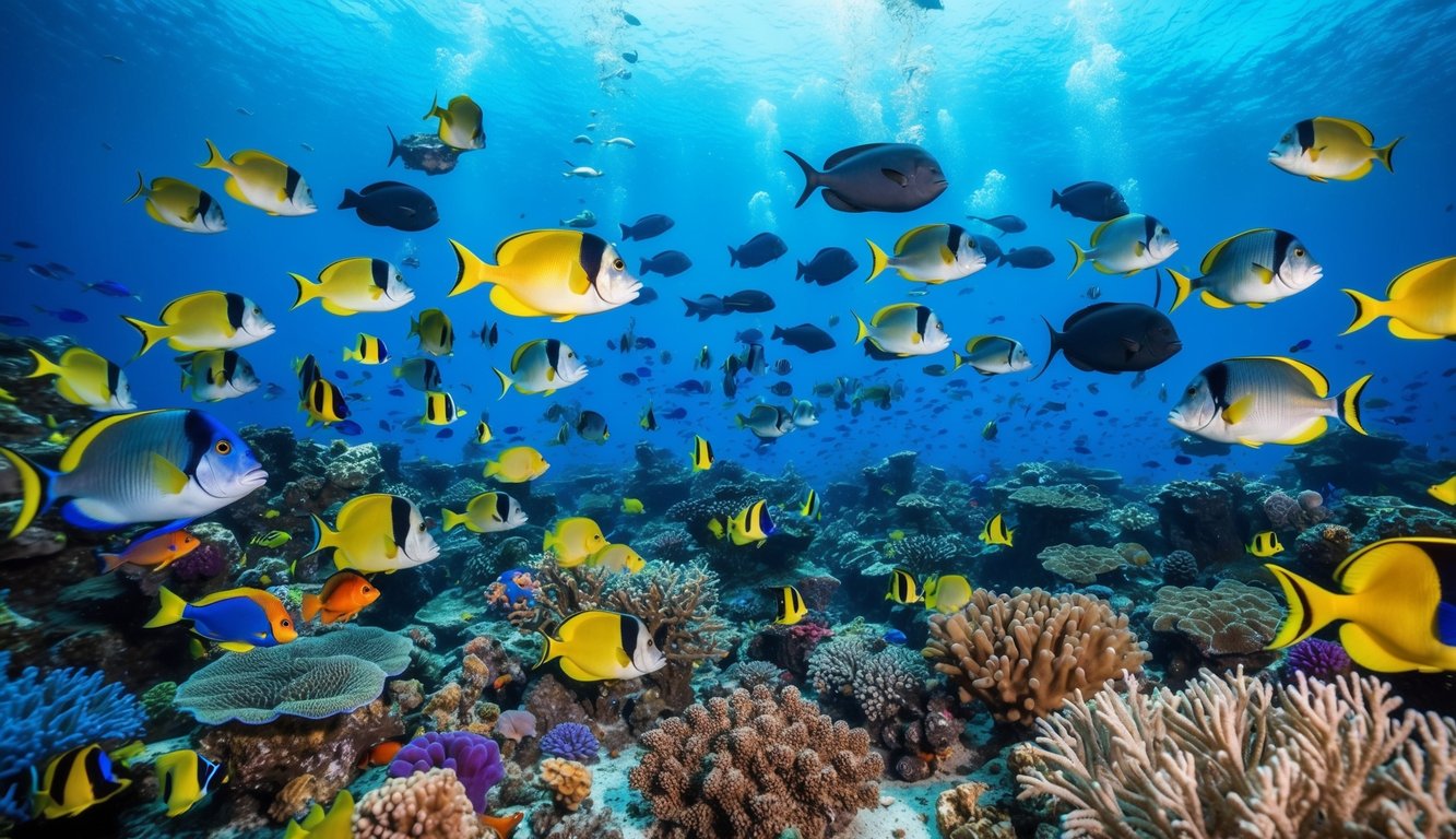 Sebuah dunia bawah laut yang ramai dengan ikan-ikan berwarna-warni, terumbu karang, dan berbagai makhluk laut, dengan suasana kegembiraan dan persaingan di udara