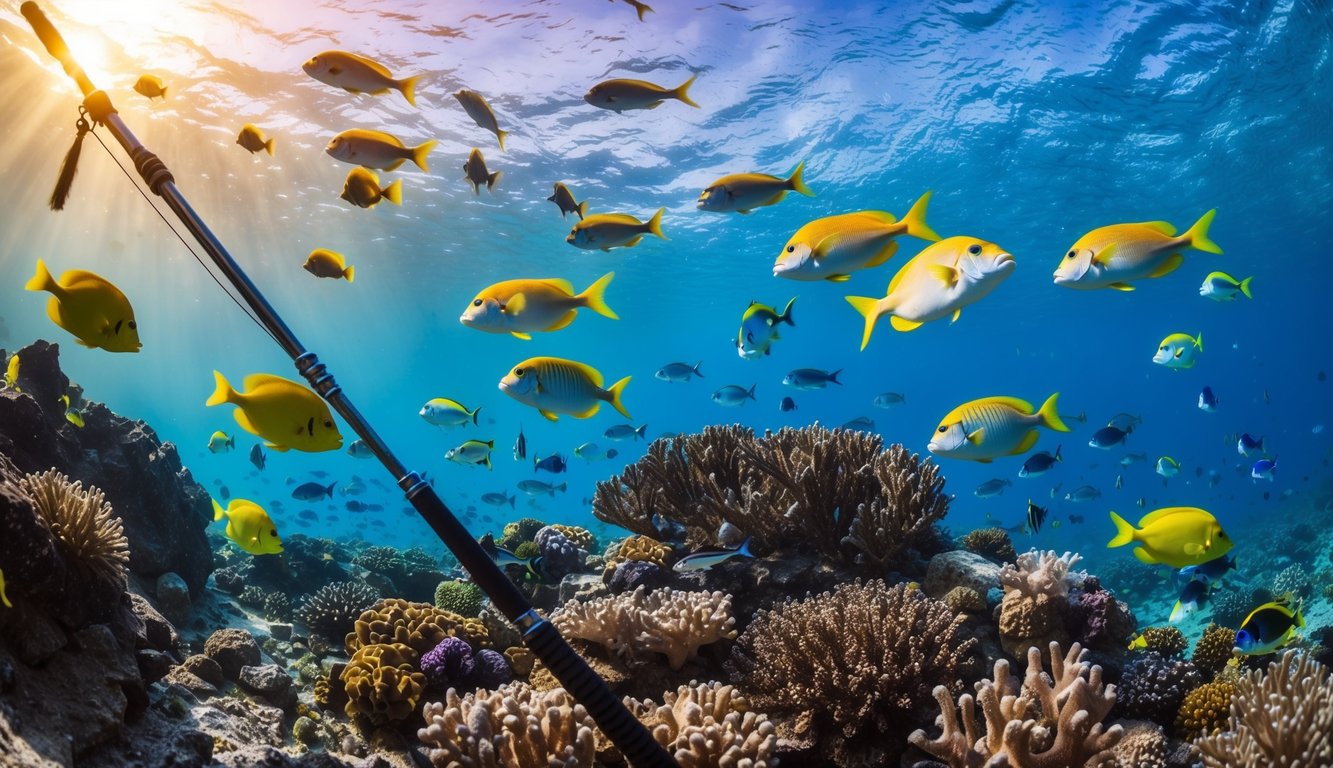 Sebuah dunia bawah laut yang berwarna-warni dengan berbagai ikan yang berenang di sekitar terumbu karang, dengan sebuah harpoon memancing di latar depan