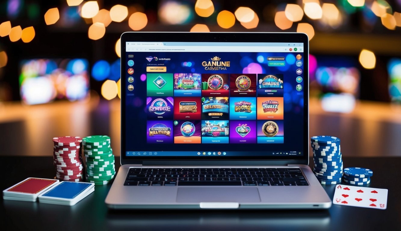 Sebuah laptop dengan layar berwarna-warni yang menampilkan berbagai permainan judi online, dikelilingi oleh tumpukan chip poker dan sekumpulan kartu.