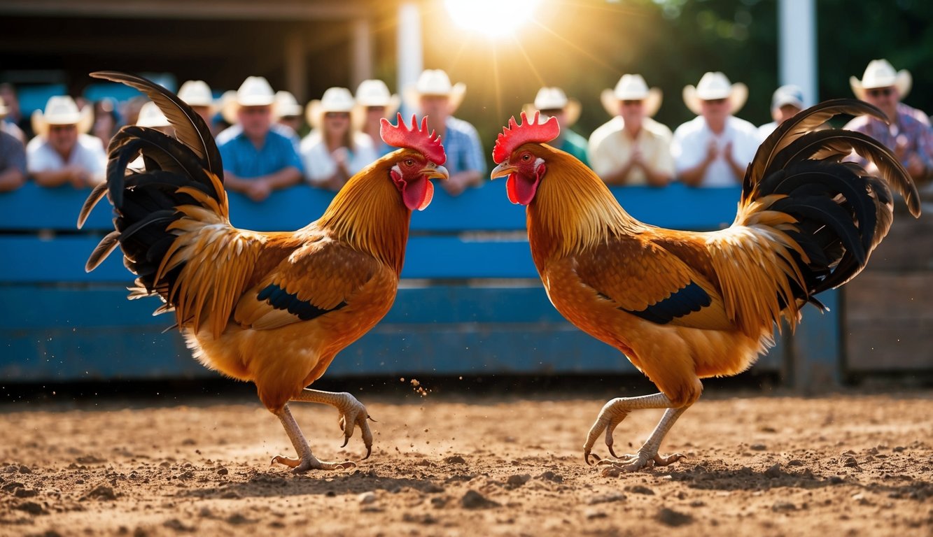 Dua ayam jantan berhadapan di arena tanah, dikelilingi oleh penonton yang bersorak. Matahari bersinar di atas pertarungan yang intens.