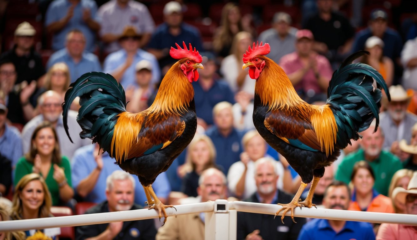 Dua ayam jantan berhadapan di arena yang ramai, dikelilingi oleh penonton yang bersorak