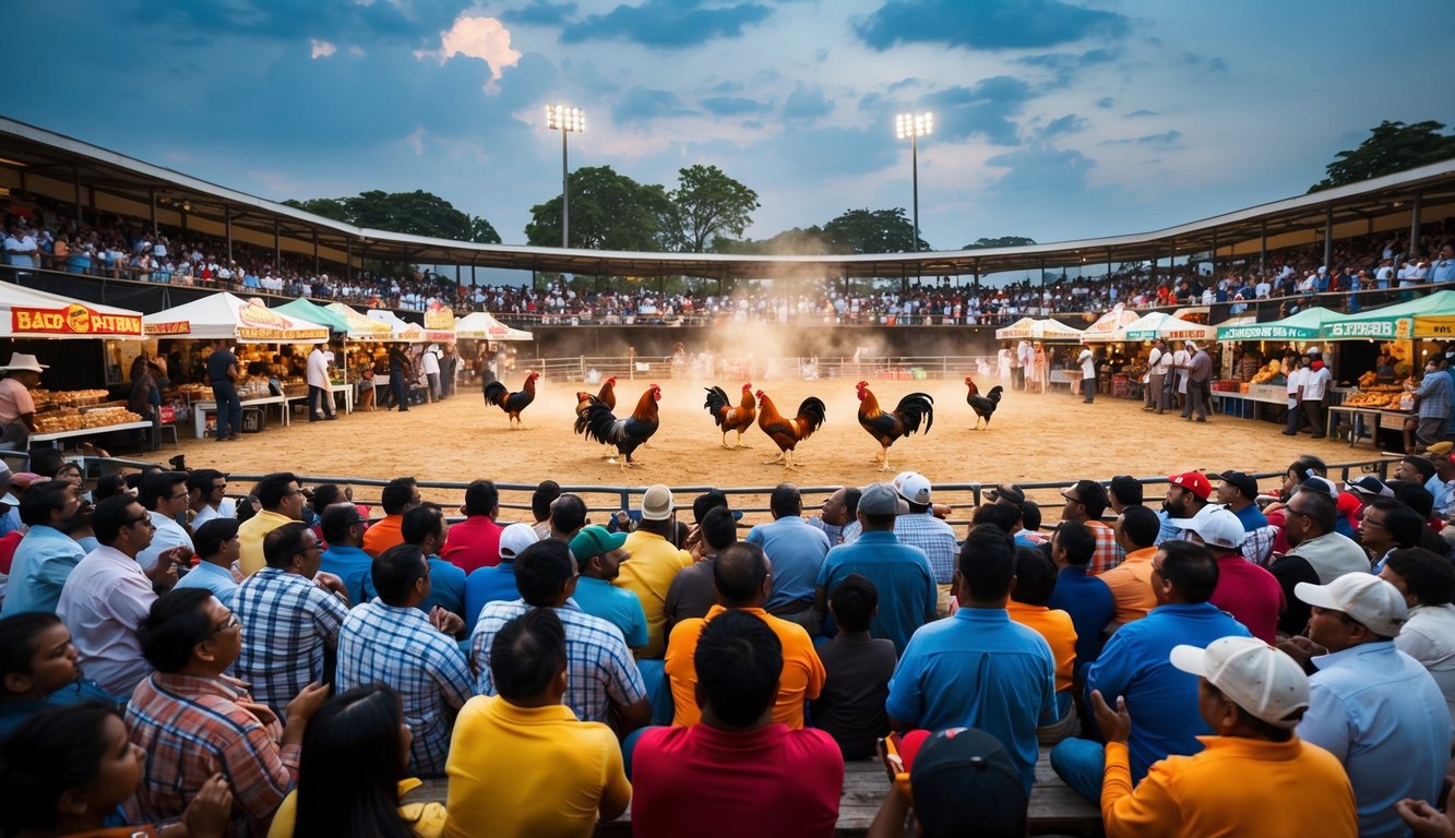 Sebuah arena luar ruangan yang ramai dengan ayam jantan bertarung di tengah, dikelilingi oleh penonton yang bersorak dan pedagang yang menjual camilan