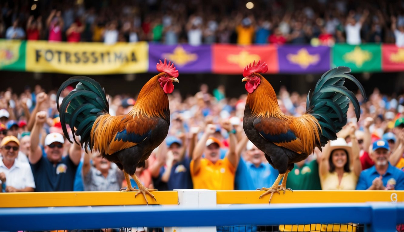 Dua ayam jantan berhadapan di arena luar ruangan yang ramai, dikelilingi oleh penonton yang bersorak dan spanduk berwarna-warni