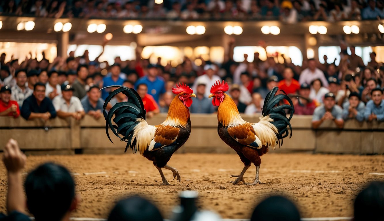 Sebuah arena yang ramai dan hidup dengan dua ayam jantan yang saling berhadapan dalam pertarungan ayam yang panas dan intens. Penonton bersorak dan memasang taruhan pada hasilnya.